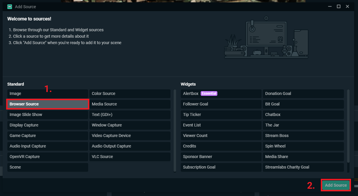 Streamlabs OBS Instruction: Select Browser source